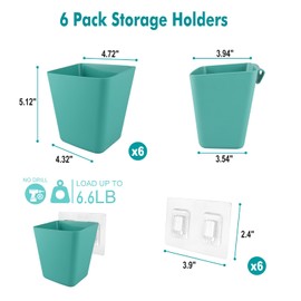 LIGHT DUST Wall Caddy Pen Holders, 6 Pack Green Large Pencil Cups Organizer for Marker/Remote/Crayon/White Board Accessories, with Adhesive Stickers, Office Home Craft Class Kids Room Art Organization