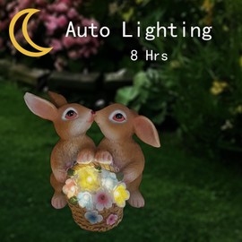 Bunny Solar Lights Garden Statues & Flowers Decor Outdoor Indoor,Couples Rabbit Figurines Holding Flowers, Bunny Lawn Decorations Statue for Patio,Yard Ornament,Gardening