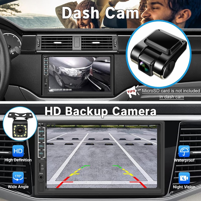 Leadfan Double Din Car Stereo with Dash Cam&Camera, Apple Carplay&Android