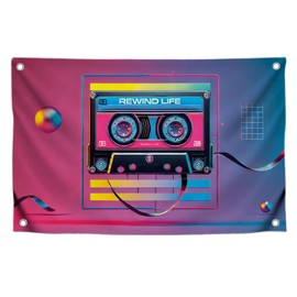 3x5 Feet Flags with Quotes with Four Brass Grommets - Retro Banner Rewind Life for Wall Decoration - Musical Cool Flag for Indoor and Outdoor - Multicolored Banner with Image Cassette