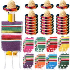 Panitay Tiny Sombrero Hats Mini Serapes for Bottles Colorful Beer Poncho Cover for Cinco De Mayo Mexican Fiesta Party Decoration(24 Sets)