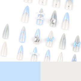 Bow Press on Nails Blue Fake Nails Long Stiletto False Nail with Diamond Design French Tip Glue on Nail Glossy Full Cover Artificial Acrylic Stick on Nails for Women Manicure 24Pcs