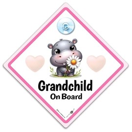 Grandchild On Board Sign Pink Hippo, Cute Hippo Baby On Board Car Sign, Hippopotamus Baby On Board Sign, Grandchild On Board Sign, Baby Car Sign 14 cm x 14cm