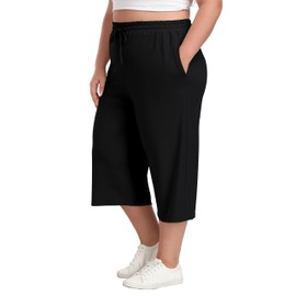 Trek Forte Plus Size Capris for Women Summer Wide Leg Casual Pants Loose Fit Cropped Workout Pants with Pockets Drawstring Black