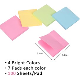 HappyHapi Sticky Notes 3x3 Inches Bulk 28 Pack 2800 Sheets Colored Self-Stick Pads, 100 Sheets/Pad, 4 Bright Colors (Yellow, Green, Pink, Blue) for Office Supplies, School, Home