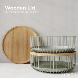 LIBKEN Fruit Basket with Wooden Bamboo Lid- Fruit Bowl For Kitchen Counter - Countertop Bin for Produce Fruits, Potato and Veggie - Metal Wire Baskets For Organizing - 11.4"x11.4"x4.5" - Green