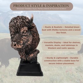 Majestic Bison Bust Figurine - Rustic Buffalo Statue for Western and Southwestern Tabletop Décor - American Icon Resin Sculpture for Home or Office