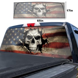 Rzuiytye Skull Flag Truck Rear Window Decal – Perforated Vinyl See-Through Sticker, Universal Fit for Pickup Trucks, Patriotic Gift for Dad, Boyfriend & Truck Owners, Easy DIY Install, 65x17IN