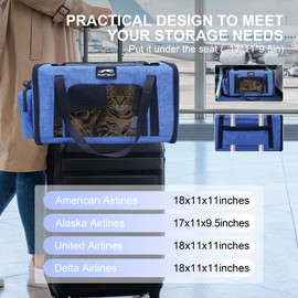 Soft Sided Cat Carrier Airline Approved up to 15lbs, 17x11x9.5 Inch Ventilated Pet Travel Bag with Foldable Litter Box & Storage, Portable Cat Transport Carrier for Flights Car Vet Blue