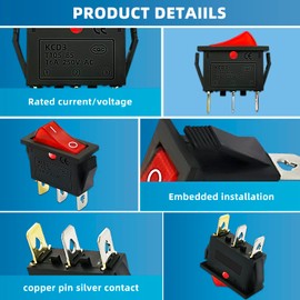 DaFuRui 15Pcs KCD3-101 250V/15A, 125V/20A Red Light Illuminated LED On/Off SPST 3 Pin 2 Position Mini Boat Rocker Switch
