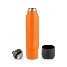 EcoVessel Stainless Steel Bottle with Removable Cup, Vacuum Insulated Thermos for Hot and Cold Drinks, with Folding Handle for Travel and Camping, 25oz (Orange)