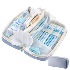 Estuche para Lápices de Gran Capacidad, Bolsa de Cosmética con 3 Compartimentos, Portátil Bolsa de Papelería Adecuado para la Escuela, la Oficina, Adolescentes, Mujeres, Adultos (Azul)