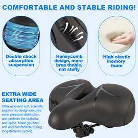 BEHUU Bike Seat for Men & Women, Comfortable Bicycle Seat with Extra Wide Saddle, Breathable Hollow Design, Shock Absorption for Road Bike, Mountain Bike, E-Bike, Exercise Bike, Black