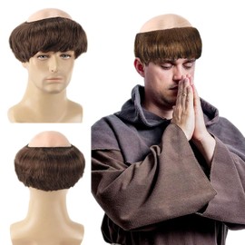 Brown Monk Wig Short Straight Hair, Monk Fancy Dress Bowl Cut Funny Costume Wig Bald Head Cap with Brown Friar Hair Cut, Men's Party Halloween Old Man Cosplay