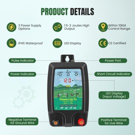 GJCrafts Electric Fence Energizer 10 km Range, 1.5-2J - Electric Fence Energizer for Livestock and Pets - Triple Power Supply (230 V/12 V/Solar) - IP45 Waterproof - Includes Mounting Material
