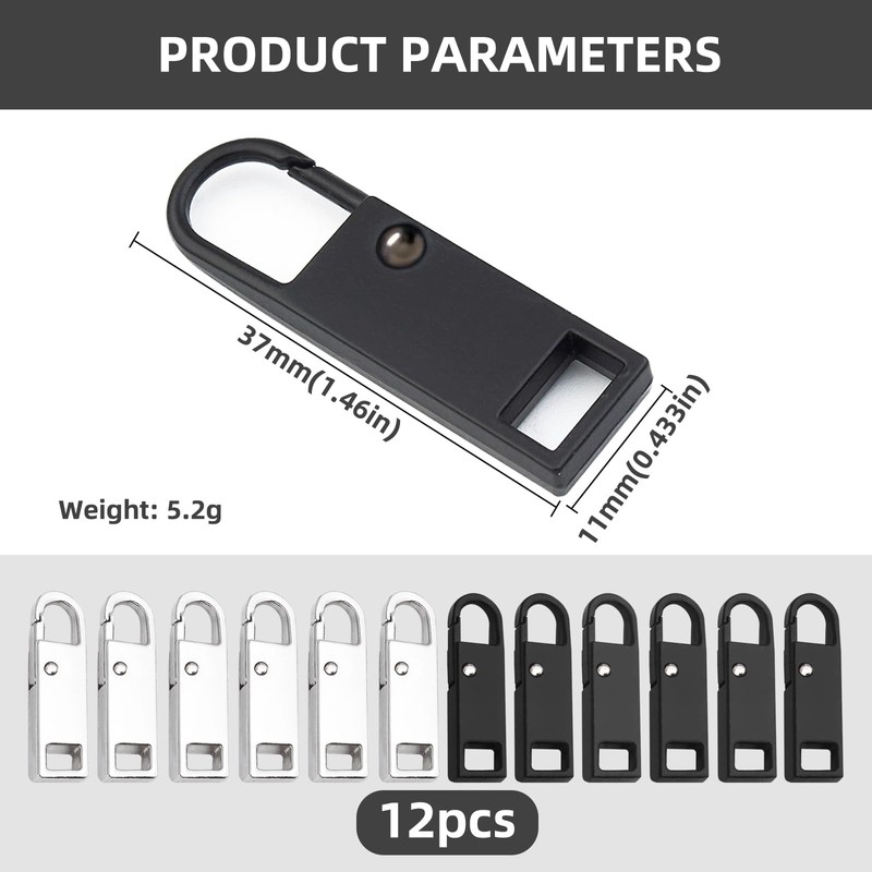 12-Pack Metal Zipper Pull Replacements - Durable, Removable Zipper Pull
