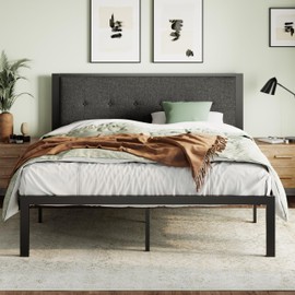 IMUsee Heavy Duty Queen Size Platform Bed Frame with Upholstered Button Tufted Headboard, 17 Strong Metal Slats Support, 11” Storage Space, Easy Assembly, Noise Free, No Box Spring Needed, Dark Grey