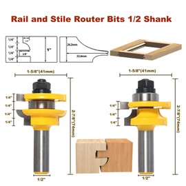 SICWOOD 2PCS Rail and Stile Router Bit Set 1/2 Shank, Round Over Style Cabinet Door Router Bit, Carbide-Tipped Cutters for Raise Panel Making Router Kitchen Door & Window Bits