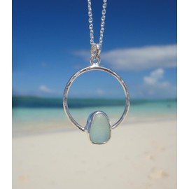 Sea Stamped Circle Sea Glass Pendant Necklace-Minimalist Sterling Silver Pendant Beach Glass Jewelry-Ocean Necklace for Mermaids-Beach Jewelry Gift for Women (Sea Foam Green Sea Glass)