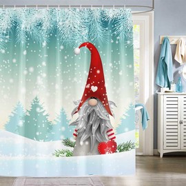Gnomes Merry Christmas Shower Curtain, Cute Gnome Snowman in Winter Snow Land, Waterproof Fabric Shower Sets, Snowflake Christmas Tree Bathroom Decor, Red