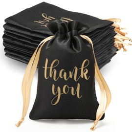 Sieral 50 Pcs Thank You Satin Gift Bags with Drawstring Jewelry Candy Bags for Women Christmas Wedding Baby Shower Birthday Holiday Party Thank You Gifts Wrap for Guest(Black, Gold,4 x 6 Inch)