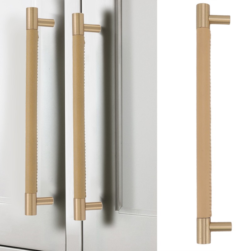 Cabinet Door Handle 224MM Hole Pitch Leather Brass Light Luxury