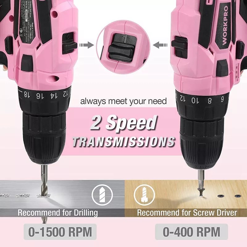 WORKPRO 12V Pink Cordless Drill Driver Set Electric Screwdriver Driver