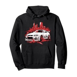 White & Red GT R 34 Skyline JDM Car Lover Pullover Hoodie, black