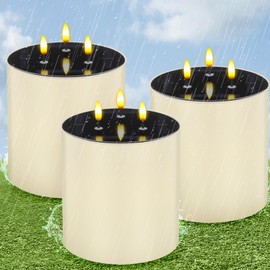 Rossesay 3 Pack Solar Large Flameless Candles with 3 Wicks, 5. 9 x 5. 9 Waterproof Outdoor LED Pillar Candles, Battery Operated Jumbo Flickering Candlestick for Home Patio Church Lanterns, Ivory