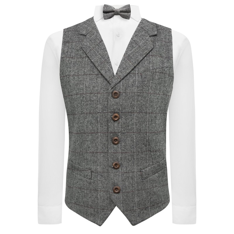 King & Priory Luxury Pewter Grey Herringbone Check Waistcoat with