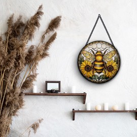 Hiuwevt Bee Sunflower Suncatcher Stained Glass Window Hanging, Cottagecore Honeybee Sunflower Sun Catchers Indoor Window Glass Wall Art Decor, Bee Floral Round Wall Hanging Decorations, 7.9x7.9 inch