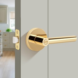Gaurqiah Privacy Door Lever, Heavy Duty Door Handle,Thumb-Turn Locking Inside,Round Design Reversible Door Lock for Hallway or Bathroom-Polished Brass Finish