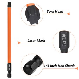 Saipor 13-Piece 6 inch /150 mm Long Torx Bit Set for Impact Driver, S2 Steel Star Bit Set (T5-T40), 1/4'' Hex-Shank Magnetic Torx Screwdriver Bit, Torx Head Drill Bit Set with CNC Machined Tips