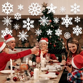 30 pcs Snowflakes Christmas Tree Decorations, Large Snowflakes Ornaments Winter Hanging Decorations 8 Styles Plastic Glitter White Snowflakes Indoor Outdoor Xmas Tree Window Room Holiday Yard Decor