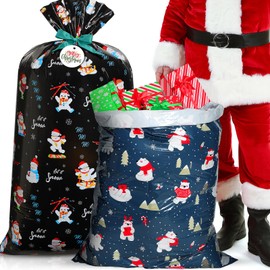 Pickmesh 2 Pcs 70" x 40" Extra Large Christmas Gift Bag Xmas Jumbo Presents Bags Giant Gift Wrapping Bags with Tags and Tie for Xmas Holiday Party Gifts (Navy Blue,Gray Blue,Snowman, Polar Bear)