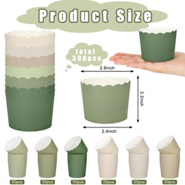 JarThenaAMCS 300Pcs Nude Sage Green Paper Baking Cups Milky White Brown Green Cupcake Wrappers Scalloped Edge Cupcake Muffin Cases for Wedding Birthday Party