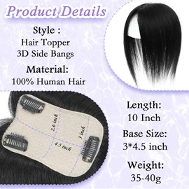 LEDIZE Hair Toppers for Women Real Human Hair, 360° Cover Middle Part Human Hair Toppers for Women with Thinning Realistic Scalp Line Upgrade Basement Toppers Hair Pieces (Black, Side Bangs)