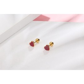 18g Titanium Heart Love Earrings for Women Girls 14k Gold Plated Stainless Steel Hypoallergenic Cute Tiny Sequins Stud Cartilage Tragus Screw Back Post Piercing Sensitive Ear (Red)