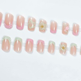 Press on Nails Square Medium Length Glossy Full Cover Acrylic Square Shaped French False Nails with Floral Designs Artificial Short Coffin Fake Nails with Glue ons Fingernails for Women Girls