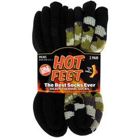 HOT FEET Thermal Socks for Men 2/4 Pack, Extreme Cold Boots Socks -Winter Insulated Socks, Cold Weather Size 6-12.5, 2 Pack, Green Camo/Solid Black
