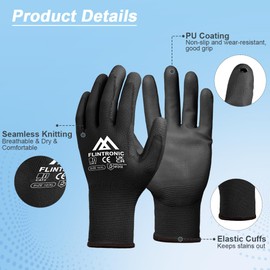 flintronic 6 Pairs of Work Gloves, Nylon Work Gloves for Men and Women, Gardening Gloves with PU Coated, Non-Slip Gloves, for Builders, Mechanics, Black 10/XL