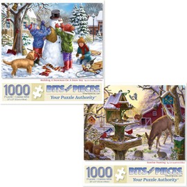 Bits and Pieces - Value Set of Two (2) 1000 Piece Jigsaw Puzzles for Adults - Each Puzzle Measures 20" x 27" - 1000 pc Snowman Snow Day, Sunrise Feasting Winter Jigsaws by Artist Liz Goodrick-Dillon