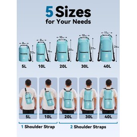 HEETA Waterproof Dry Bag with Front Zippered Pocket for Women Men, 5L/10L/20L/30L/40L Roll Top Lightweight Dry Storage Bag Backpack for Travel, Kayaking, Boating, Rafting, Camping, Beach (Blue, 5L)