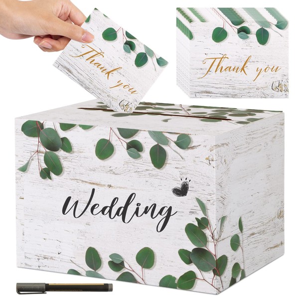 VINFUTUR Wedding Card Box, Wood Grain Wedding Card Post Box with 30Pcs Thank You Cards & Pen Guest Box for Wedding Reception Baby Shower Birthday Party