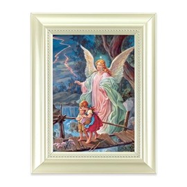 Guardian Angel Picture, Pearlized White 5-1/2"x7 Frame, Beaded Lip, Under Glass