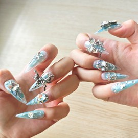 Press on Nails Handmade Nails 10Pcs Manual Press on Nails Green Butterfly Nails Manicure Charms Nails Nails Press on Nails for Women Party Holiday Photo Wedding 30mm Long Size S