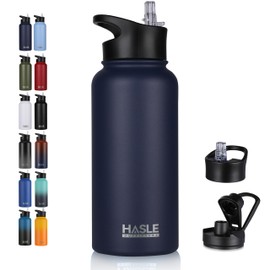 HASLE OUTFITTERS - Botella de agua aislada de acero inoxidable de doble pared con 2 tapas (tapa de popote y boquilla) para gimnasio, camping, senderismo (azul marino, 1)