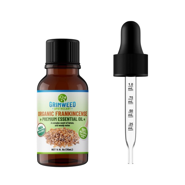 Grimweed Apothecary Organic Frankincense 15ml Essential Oil, 100% Pure and Natural, Therapeutic Grade, with Dropper