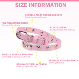 DILLYBUD Leather Cat Collar with Bell and Safety Elastic Strap, Adjustable Studded Pet Collars with Charm, Non Breakaway Kitten Collar for Boy Girl Cats Puppies Size 8-12in, Pink