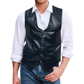 Barry.Wang Mens Leather Suit Vests Casual Western Cowboy Vest V-neck Jacket Lightweight Waistcoat